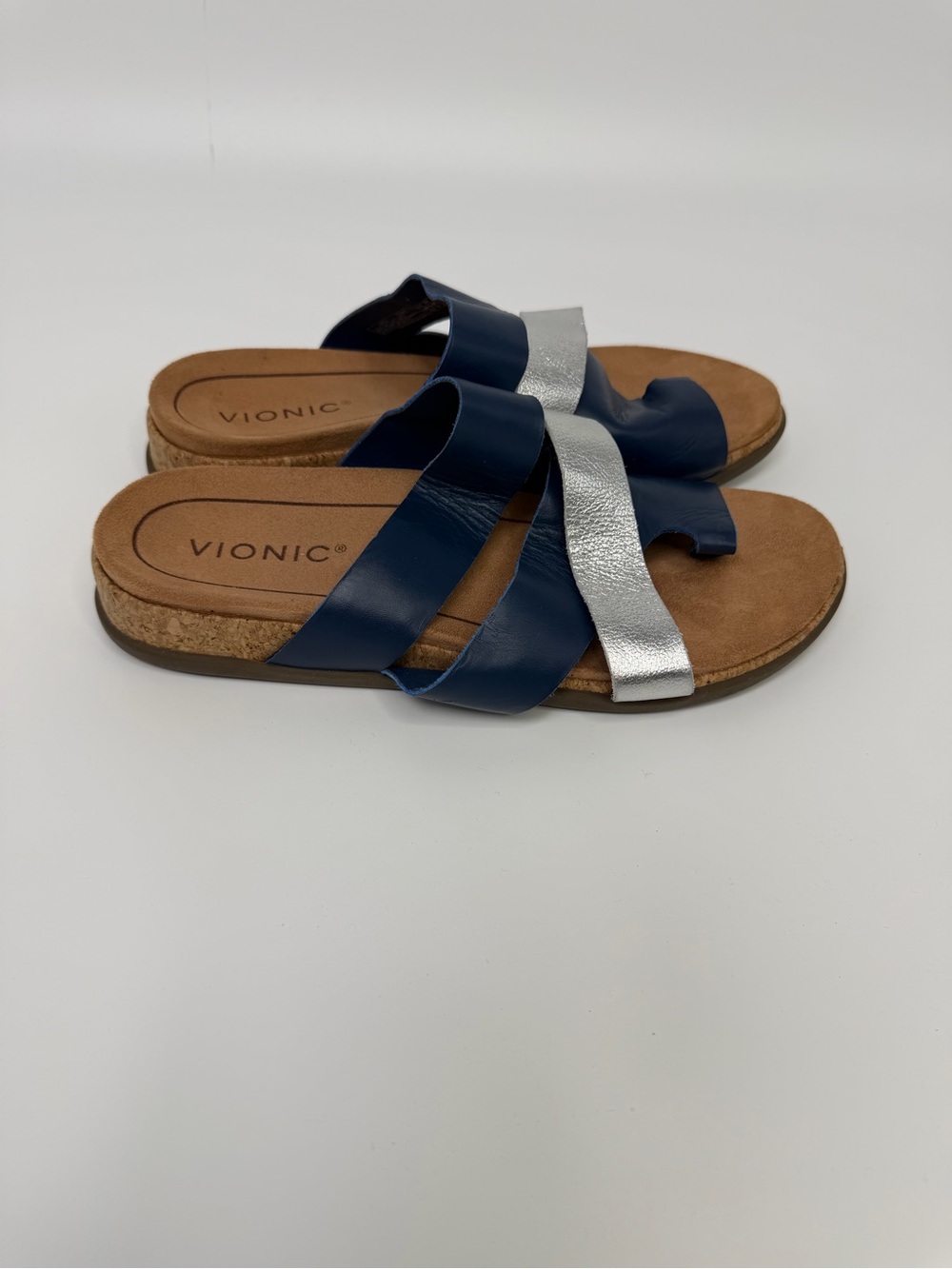 Vionic Blue & Silver Luelle Strappy Toe Loop Leather Slide Sandals Size 8.5 - Picture 3 of 9